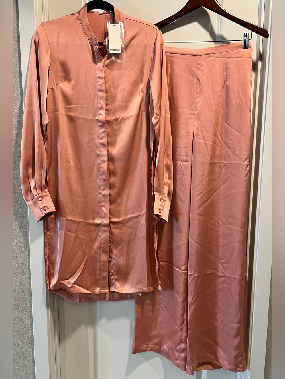 Andrea Iyamah Women’s Blush Pink Uchi Satin Tunic & Pants Set Size S NWT